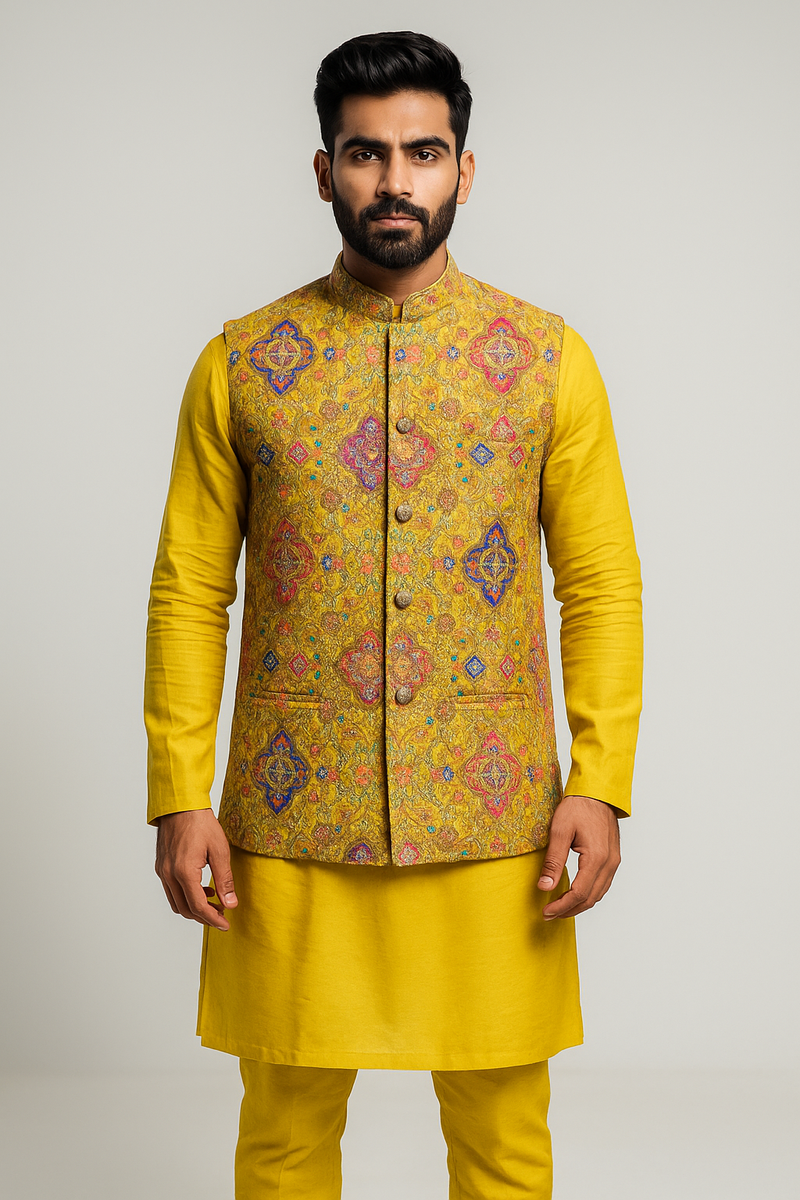 Mustard Vibrant Embroidered Kurta Jacket Set