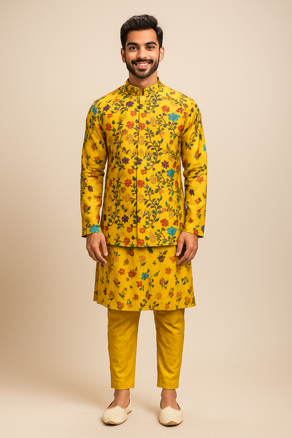 Mustard Yellow Floral Printed Kurta Jacket Set