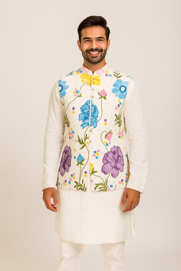 Ivory Floral Embroidered Nehru Jacket