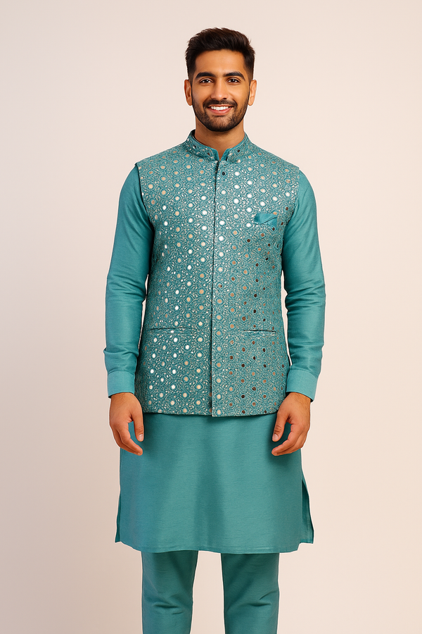 Teal Blue Kurta Jacket Set
