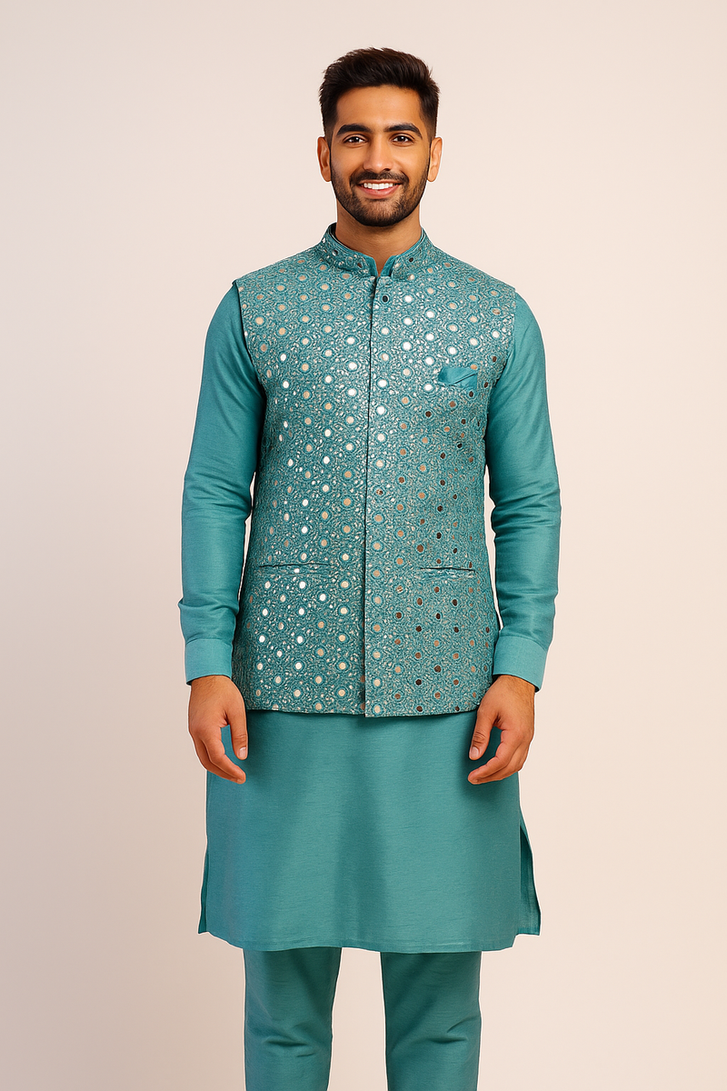 Teal Blue Kurta Jacket Set