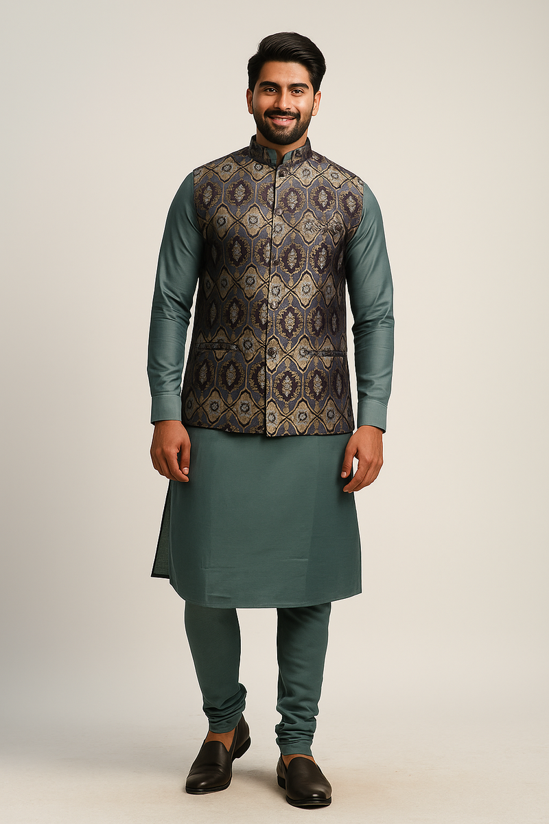 Dark Green Fusion Kurta Jacket Set