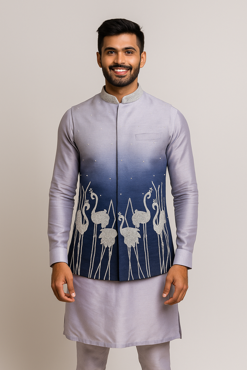 Grey and Blue Crane Motif Nehru Jacket Set