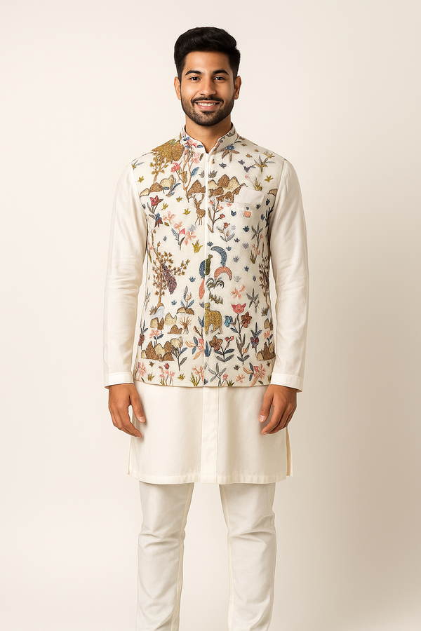 Cream Kurta Set with Multicolor Embroidered Nehru Jacket