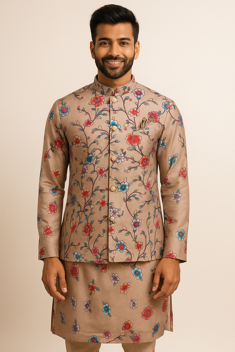 Beige Floral Printed Nehru Jacket