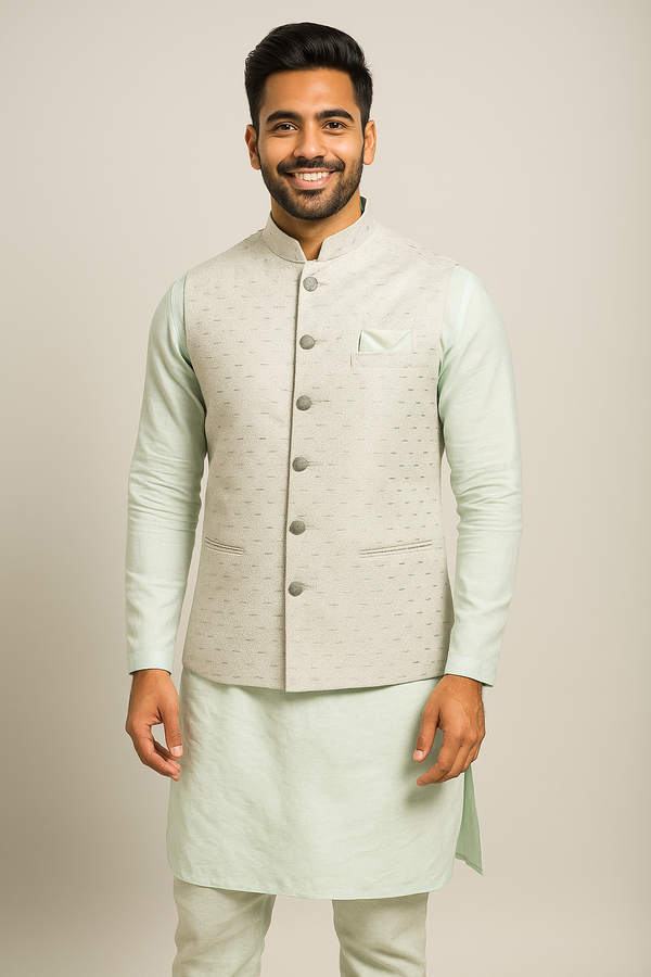 Mint Green Kurta Set with Light Grey Nehru Jacket