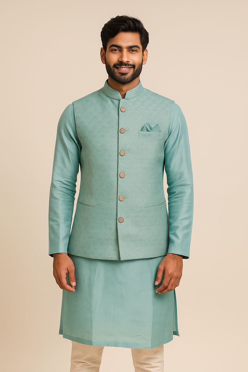 Aqua Monochromatic Kurta Set with Jacquard Nehru Jacket