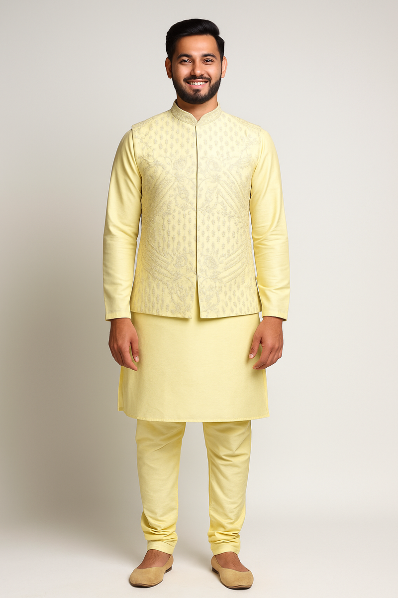 Yellow Designer Embroidered Kurta Jacket Set