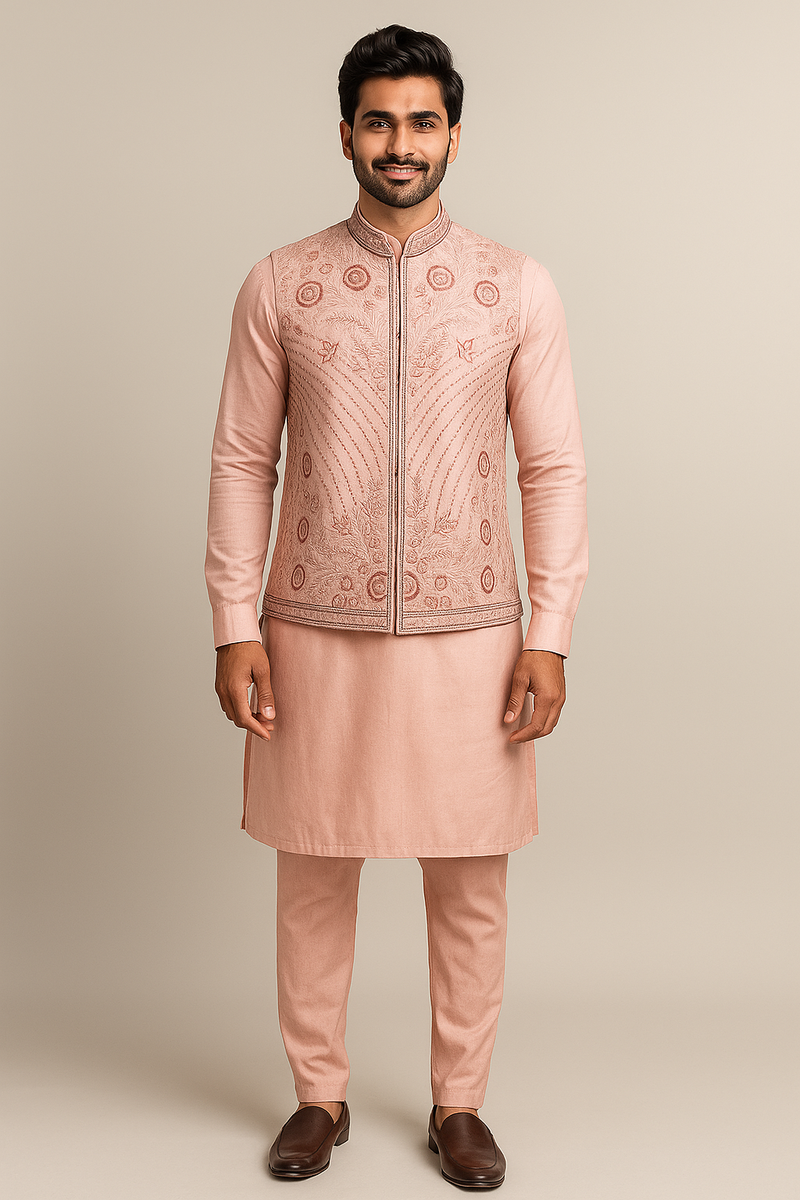 Blush Pink Embroidered Nehru Kurta Jacket Set