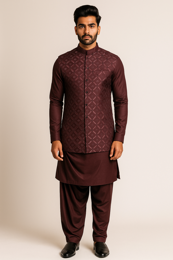 Maroon Kurta Set with Jacquard Nehru Jacket