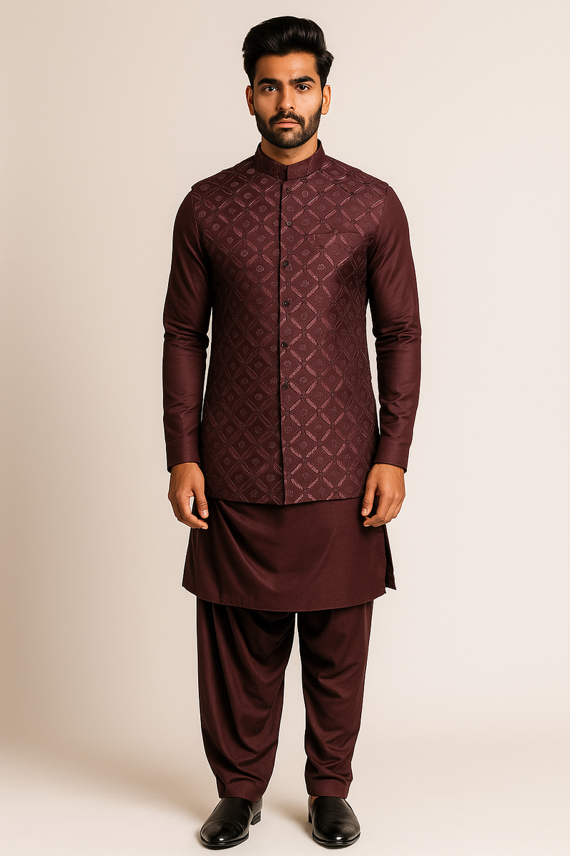 Maroon Kurta Set with Jacquard Nehru Jacket