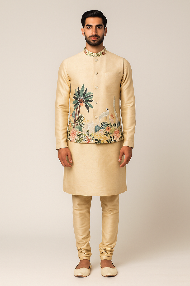 The Elegant Tropical Motif Kurta Jacket Set