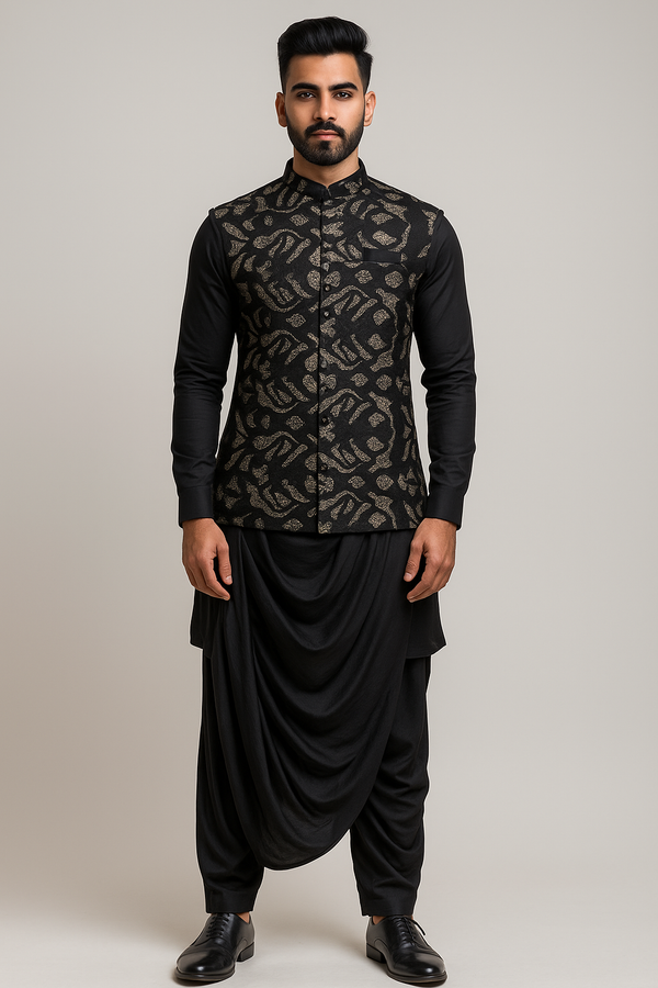 Black Kurta Set with Gold Abstract Print Nehru Jacket