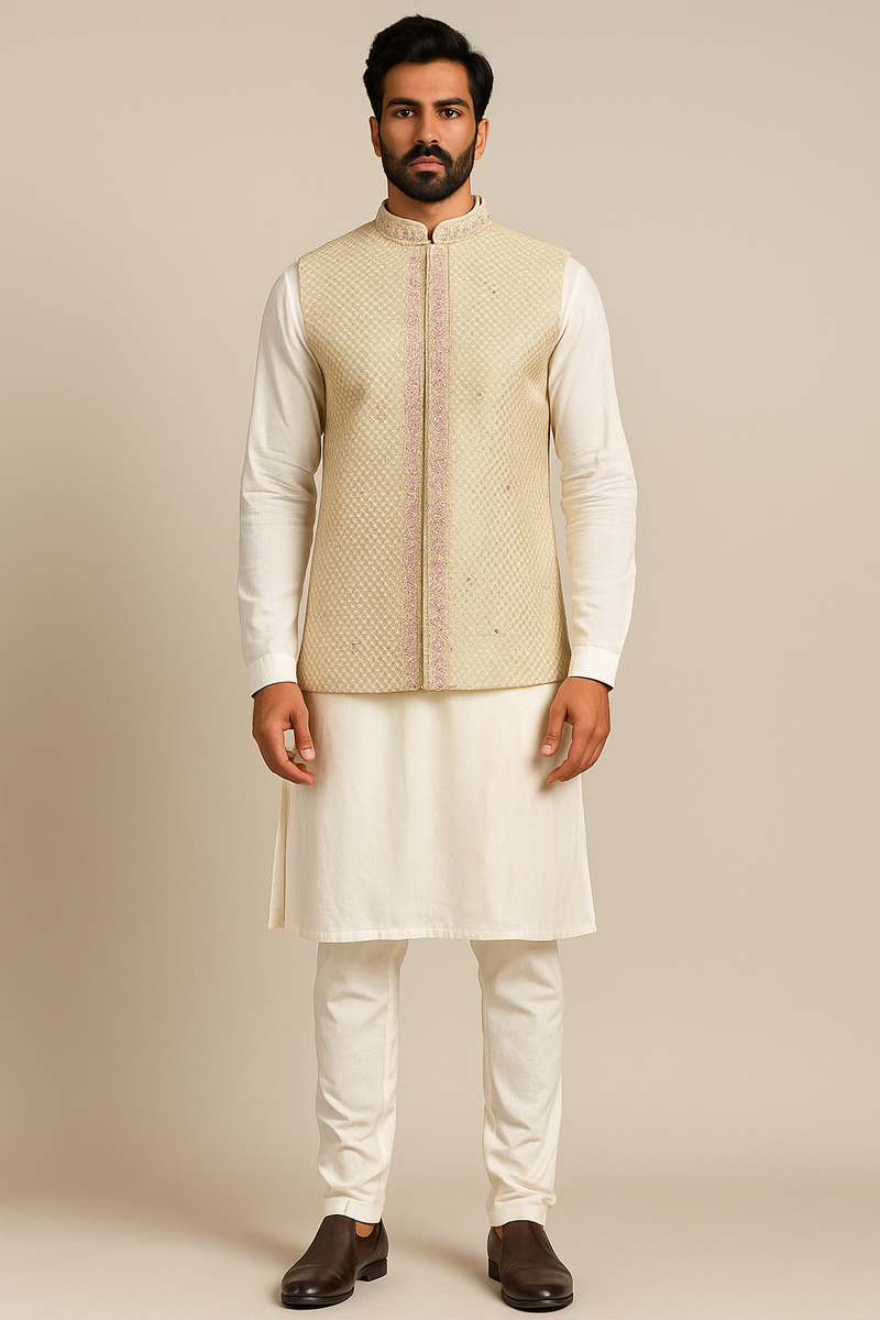 White Kurta Set with Self-Patterned Nehru Jacket