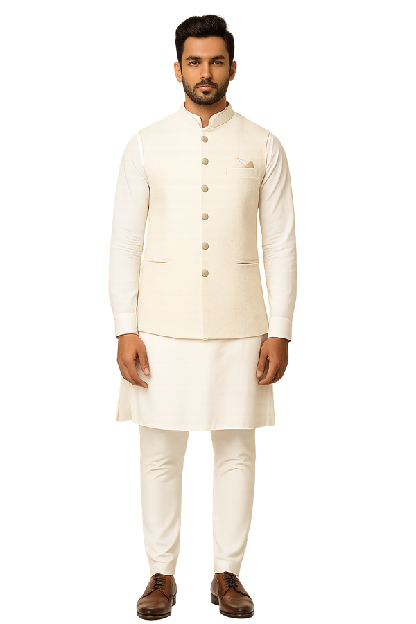 Classic Ivory Kurta Set with Tailored Cream Nehru Jacket