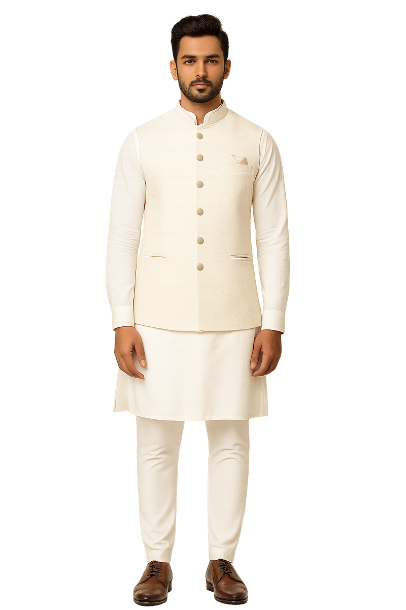 Classic Ivory Kurta Set with Tailored Cream Nehru Jacket