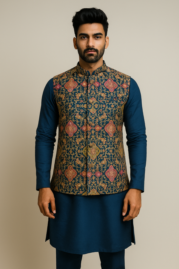 Teal Kurta Set with Mirror Work Nehru Jacket