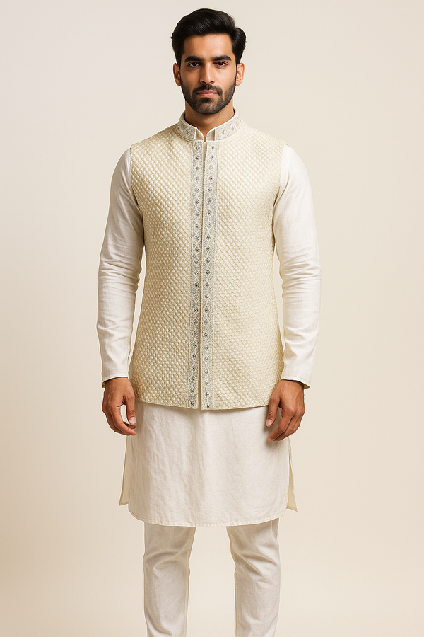Ivory Quilted Nehru Jacket Kurta Set