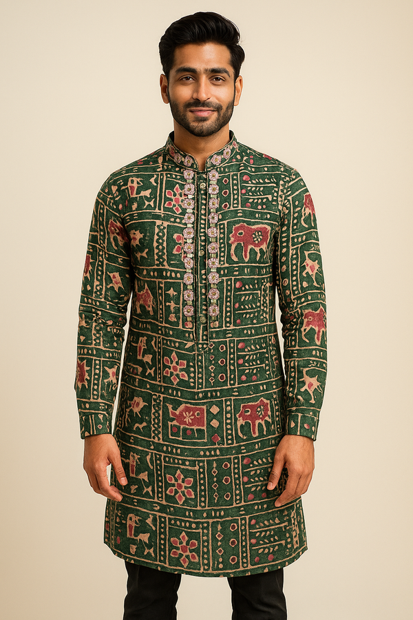 Hunter Green Kalamkari-Style Print Kurta