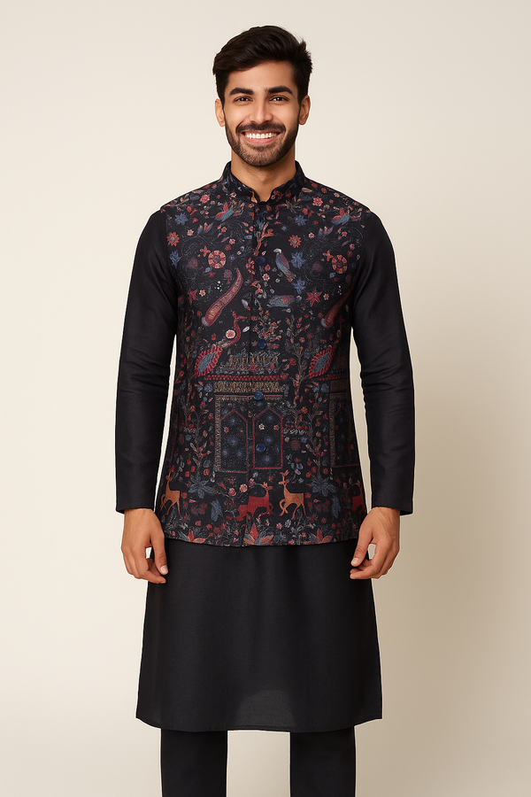 Dark Teal Kurta Set with Patterned Jacket