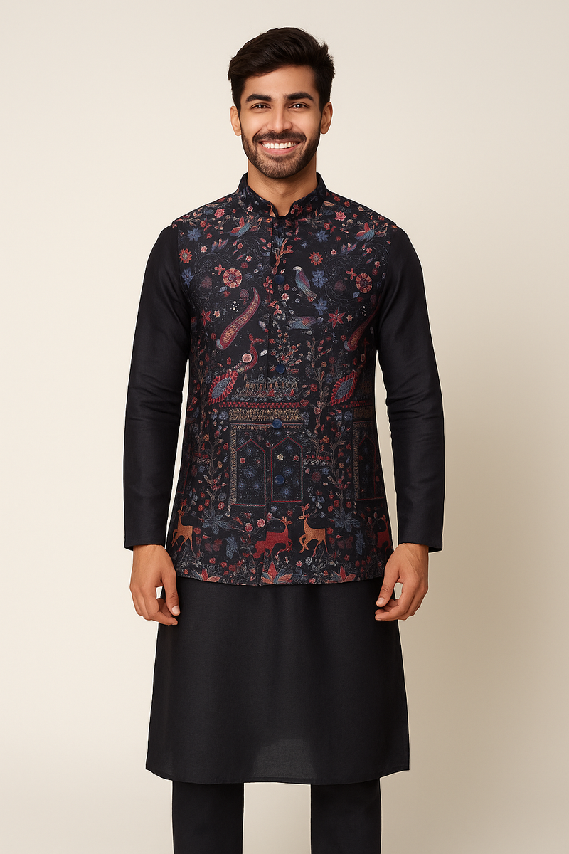 Dark Teal Kurta Set with Patterned Jacket
