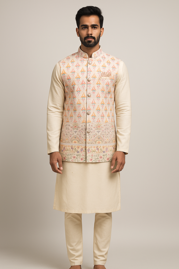 Cream Kurta Set with Pastel Nehru Jacket