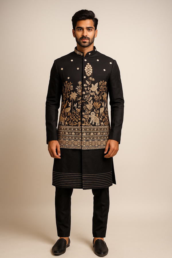 Gold Embroidered Black Kurta Jacket Set