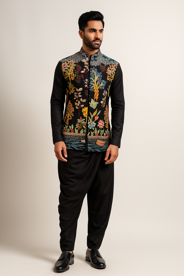 Black Kurta with Kalamkari-Style Jacket Set