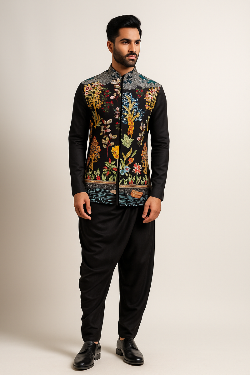 Black Kurta with Kalamkari-Style Jacket Set