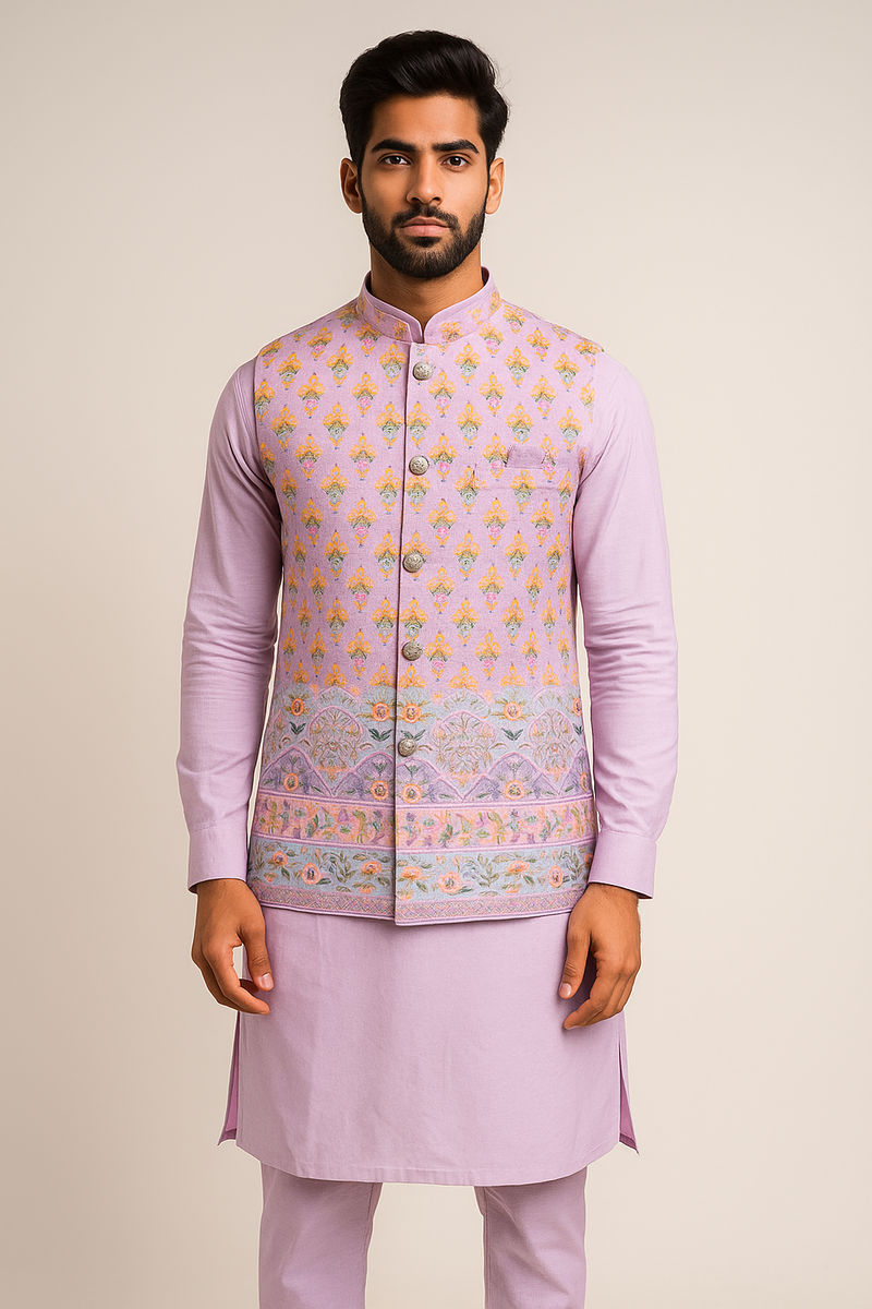 Lavender Kurta Set with Pastel Floral Nehru Jacket