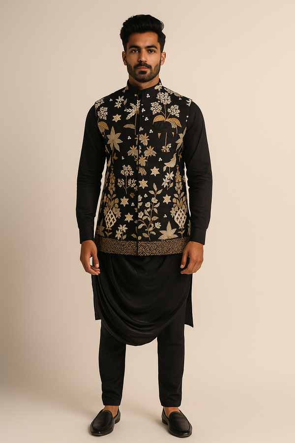 Black Kurta Set with Gold Embroidered Nehru Jacket