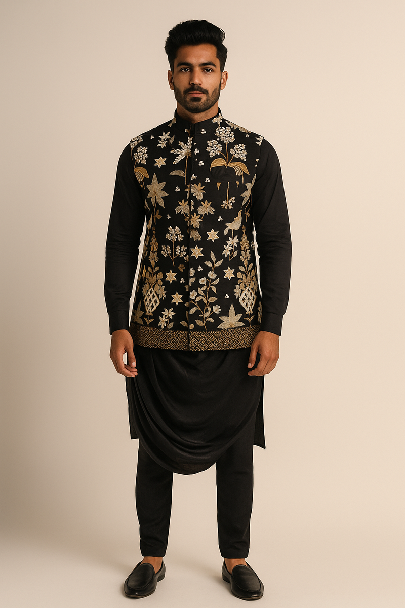 Black Kurta Set with Gold Embroidered Nehru Jacket