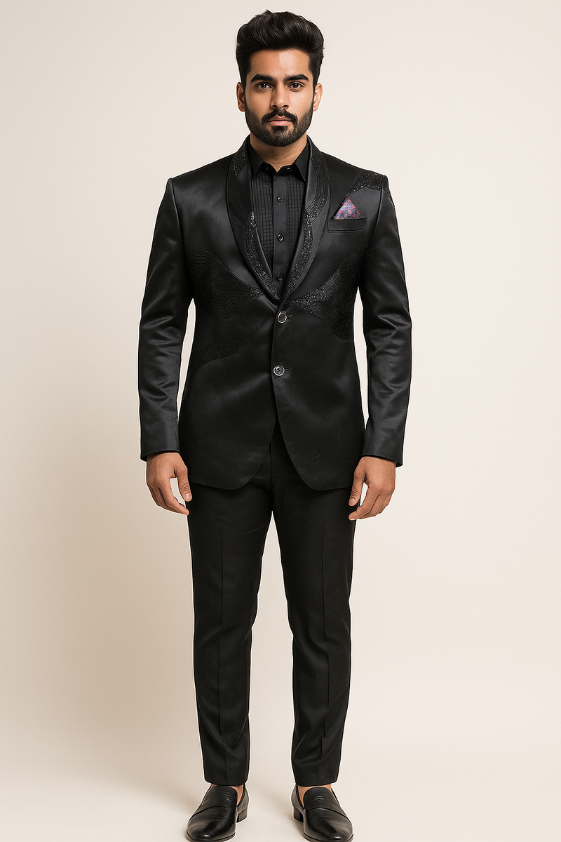 Black Tuxedo Blazer with Abstract Lapel Embroidery