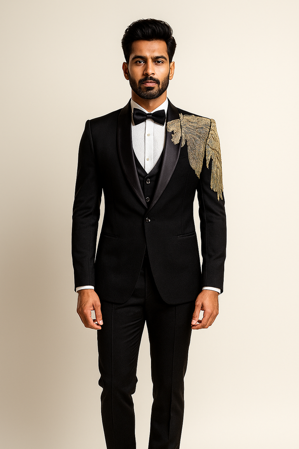 Black Tuxedo Suit with Gold Shoulder Embellishment