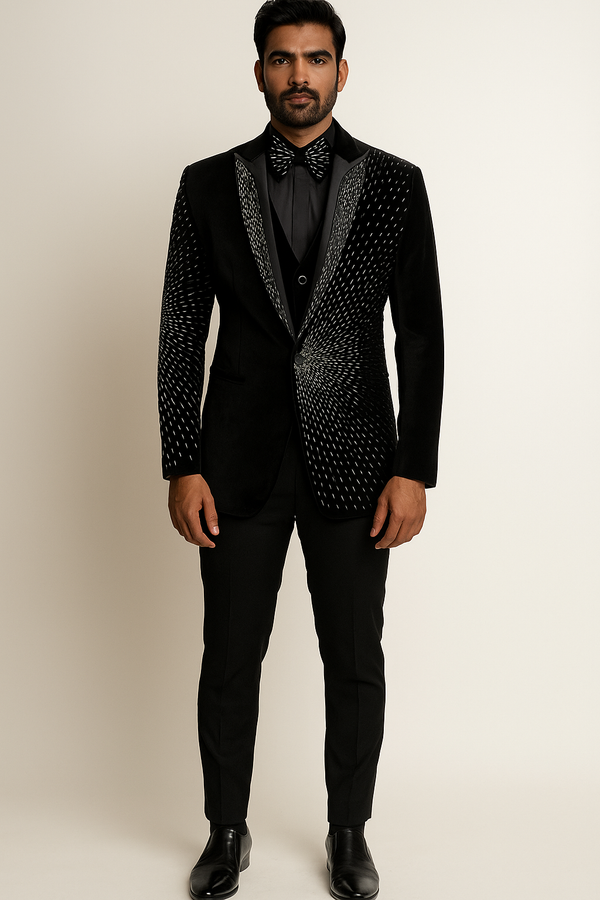 Black Velvet Tuxedo with Radial Stud Embellishment