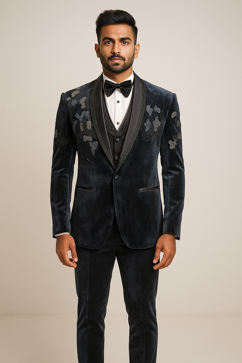 Navy Velvet Tuxedo with Tonal Abstract Floral Embellishment