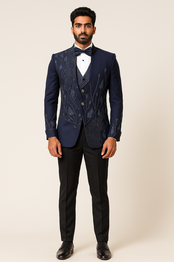 Navy Blue Tuxedo Suit with Vine Beadwork