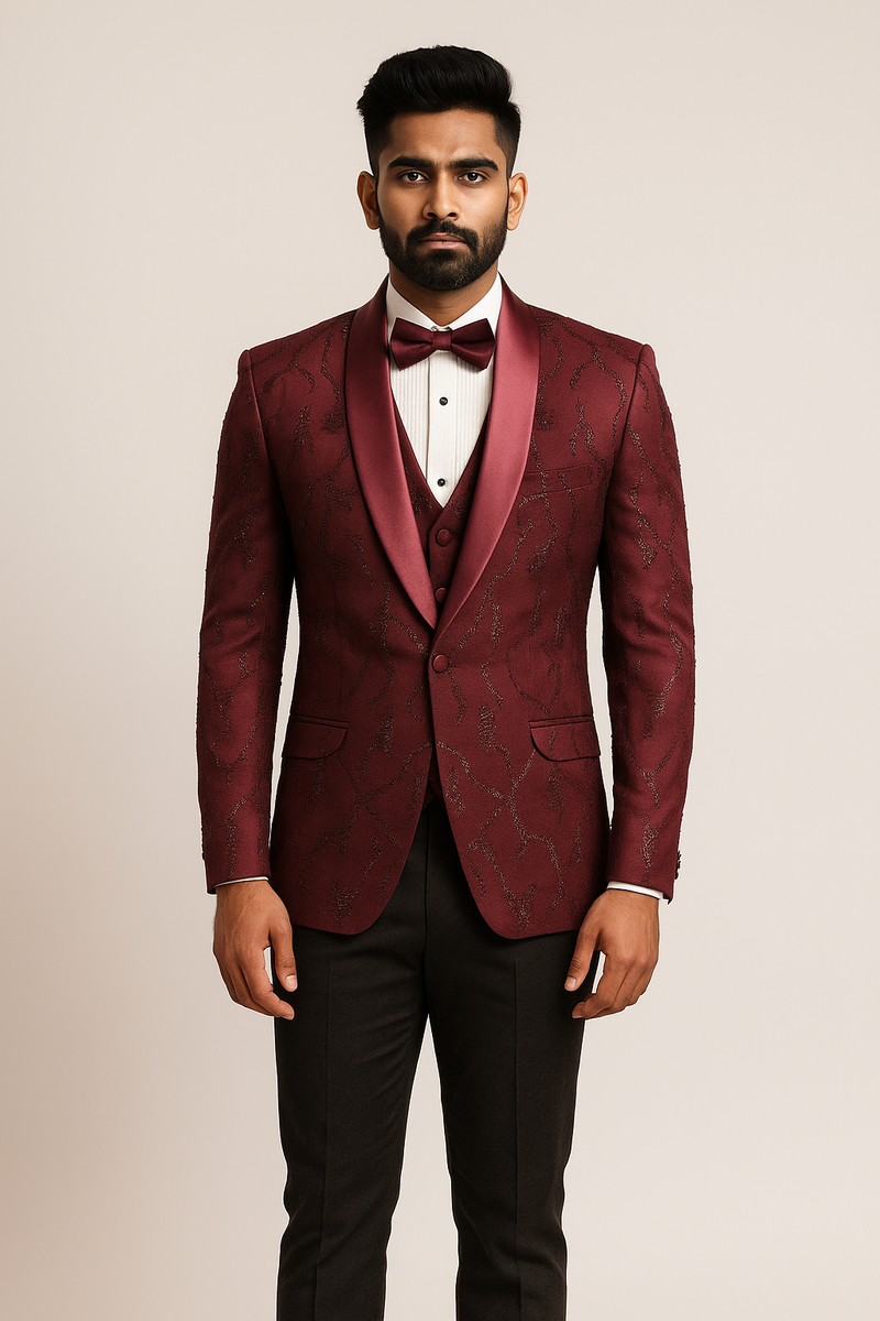 Maroon Tuxedo Suit with Tonal Embroidery