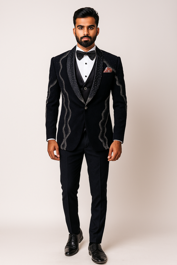 Black Tuxedo with Metallic Wave Motif