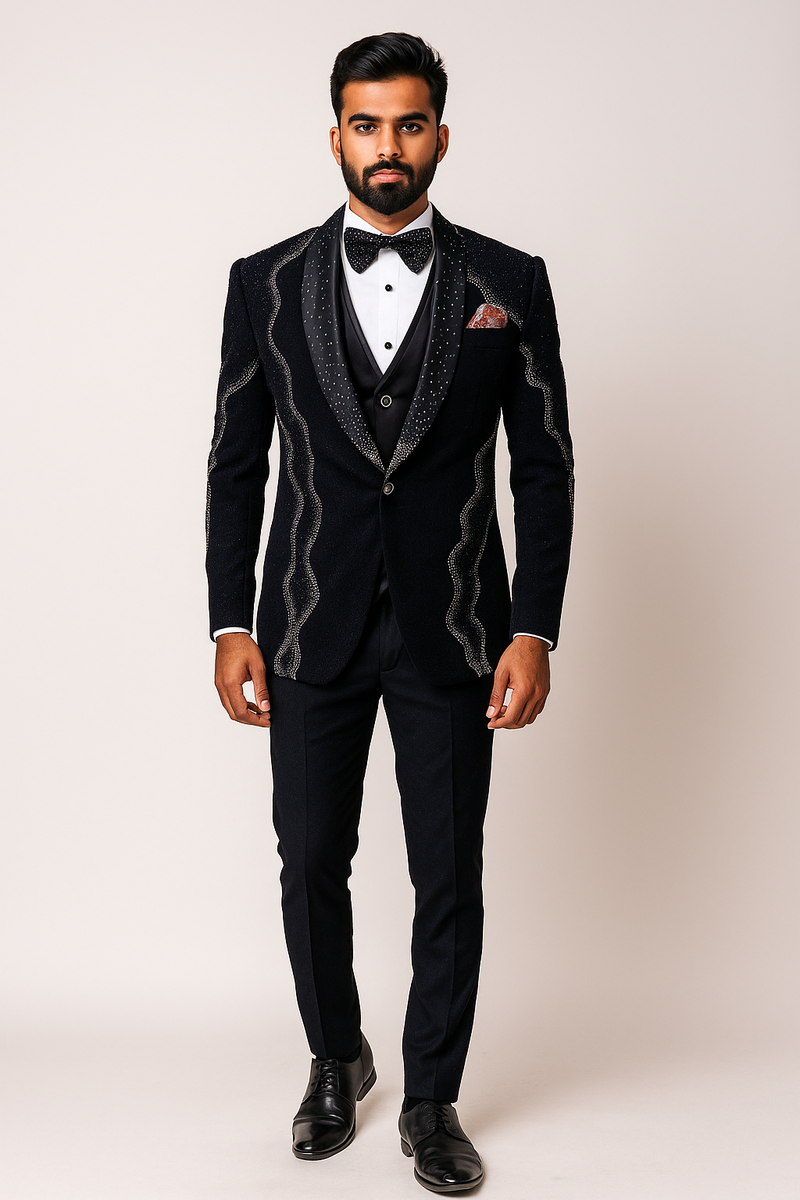 Black Tuxedo with Metallic Wave Motif