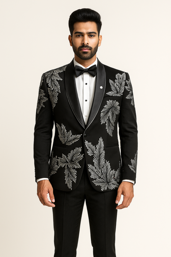 Black Tuxedo Blazer with Bold Silver Leaf