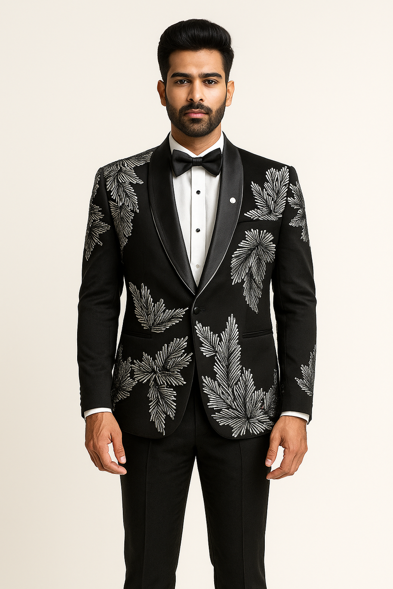 Black Tuxedo Blazer with Bold Silver Leaf