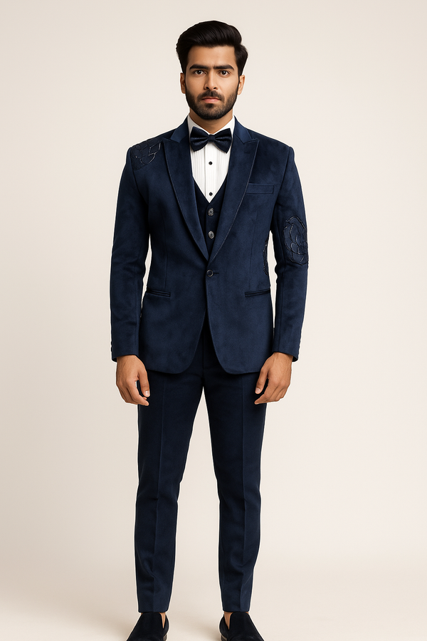 Navy Blue Velvet Tuxedo with Abstract Threadwork