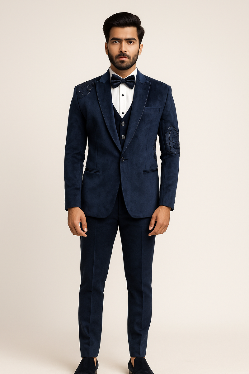Navy Blue Velvet Tuxedo with Abstract Threadwork