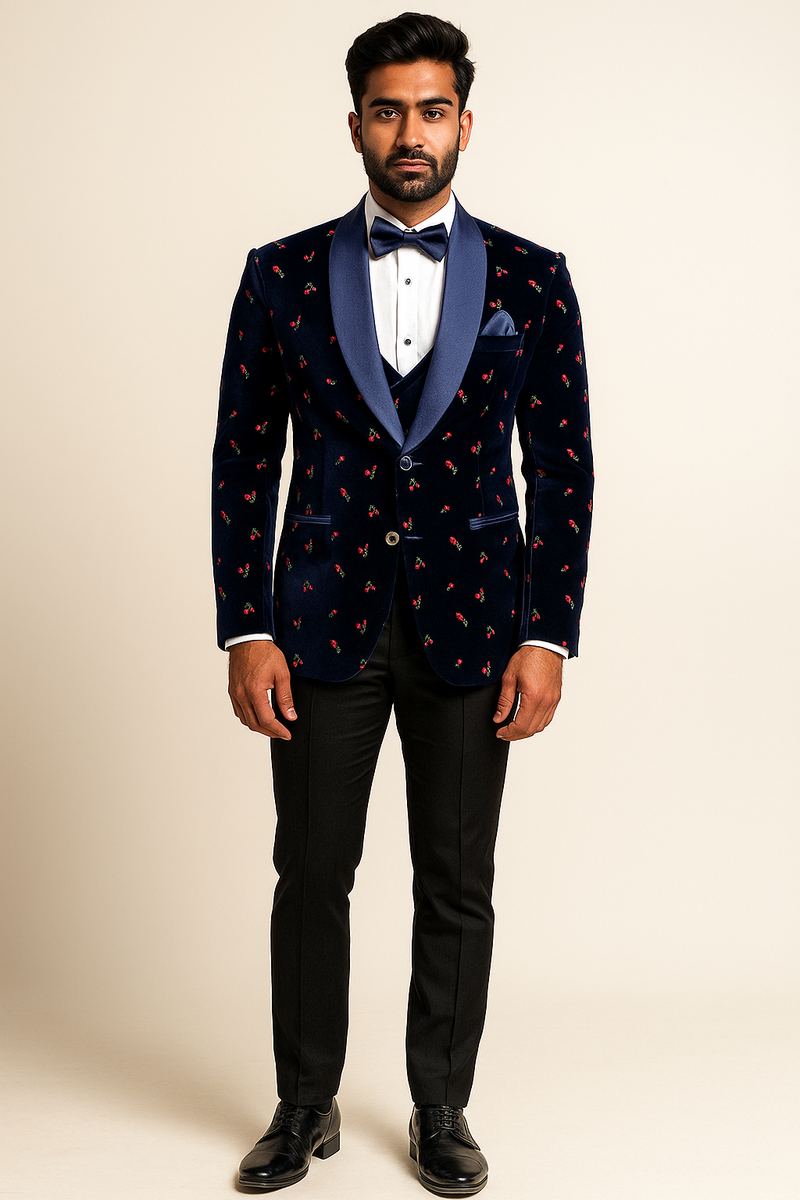 Navy Blue Velvet Tuxedo with Cherry Berry Print