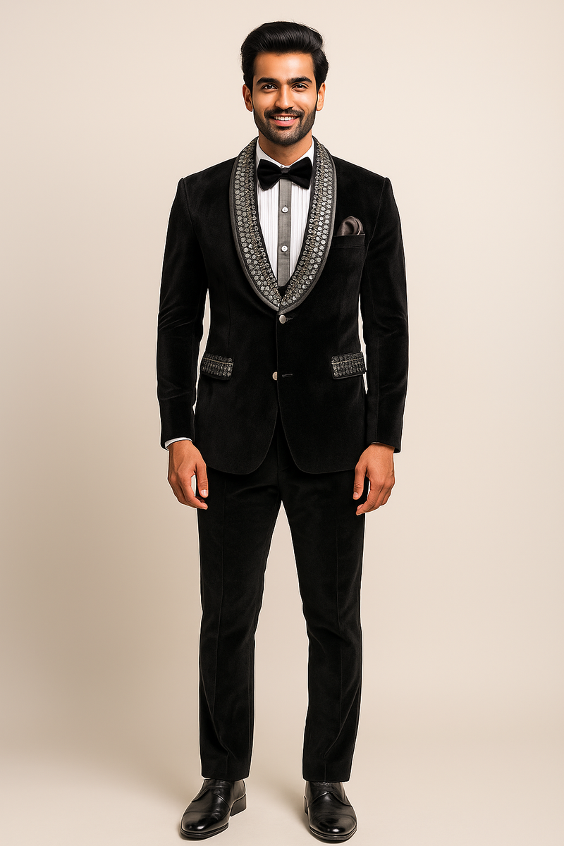 Black Velvet Tuxedo with Silver Beaded Notch Lapel