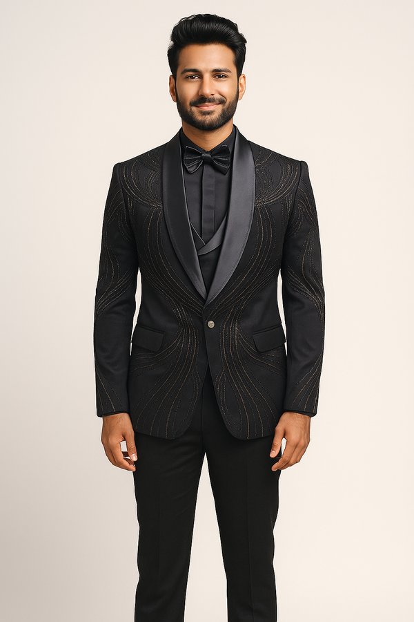 Black Dinner Tuxedo with Metallic Wave Motif