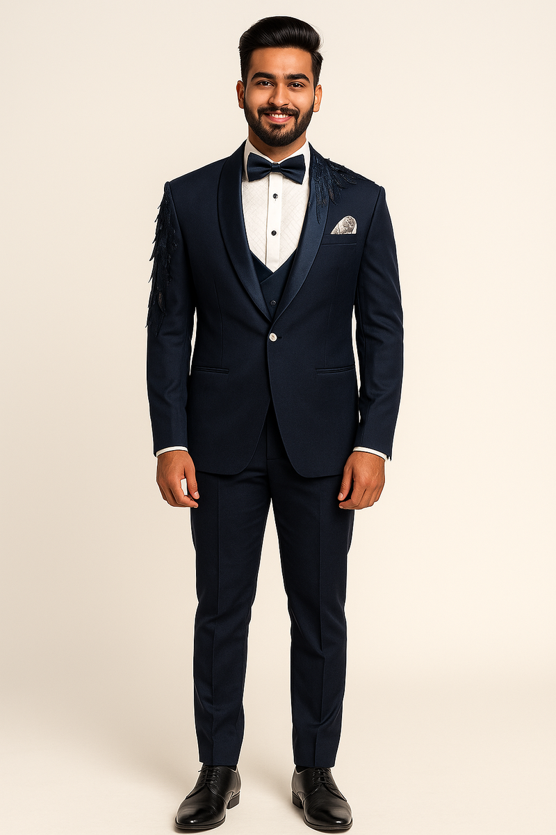 Modern Navy Tuxedo with Feathered Sleeve