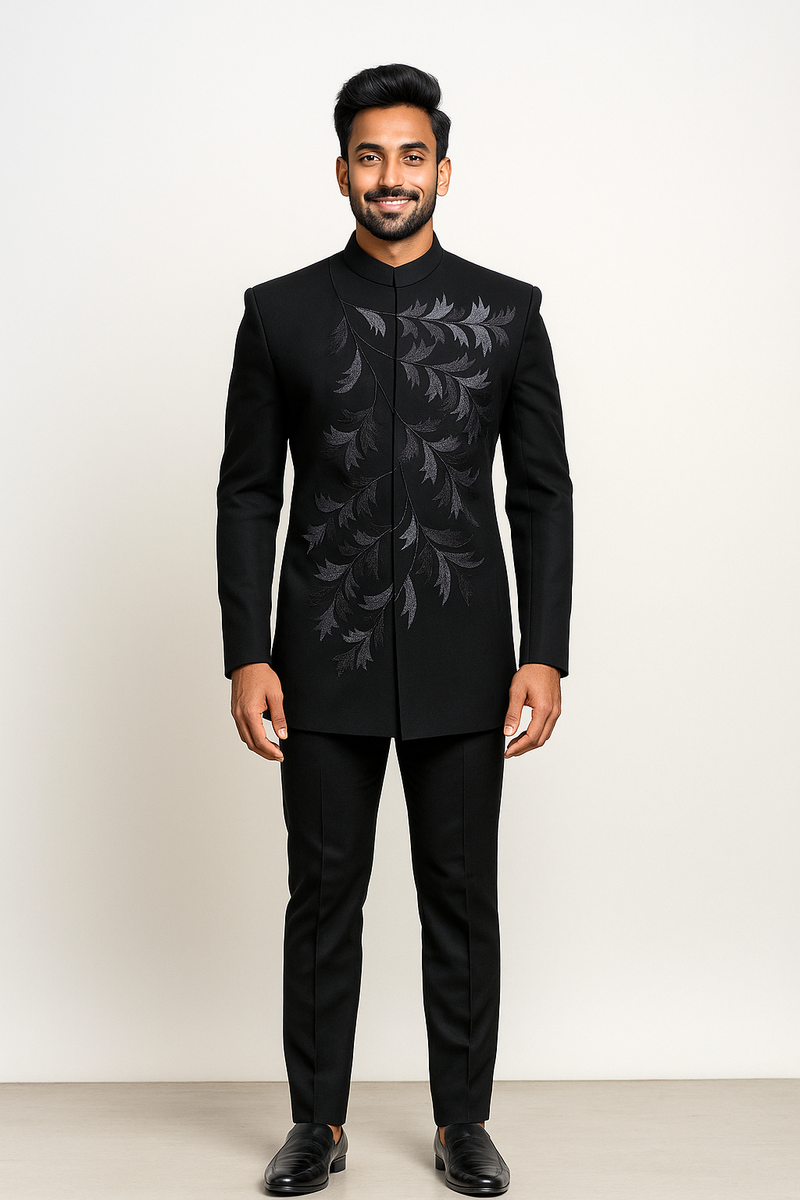 Black Jodhpuri Foliage Embroidery Jacket