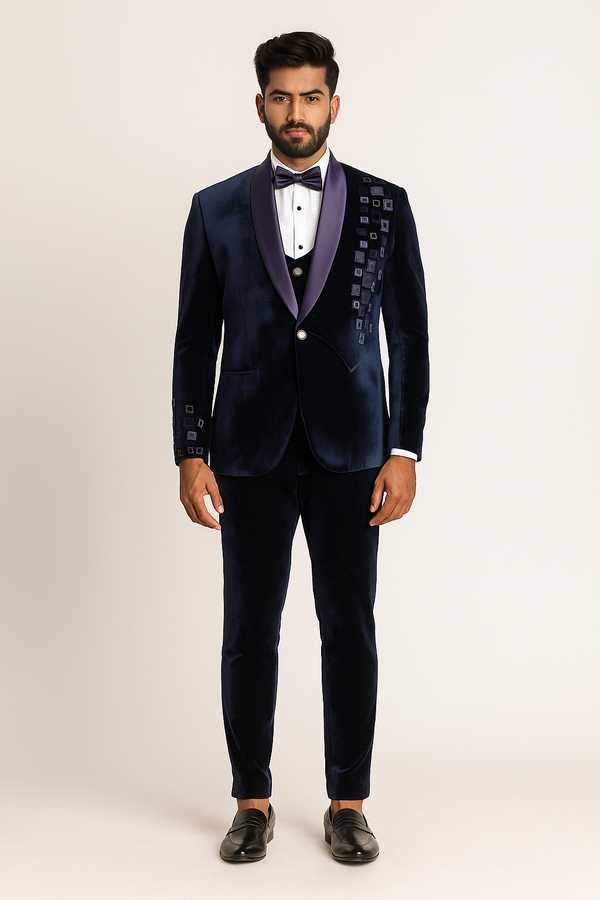 Navy Velvet Tuxedo with Geometric Square Motif